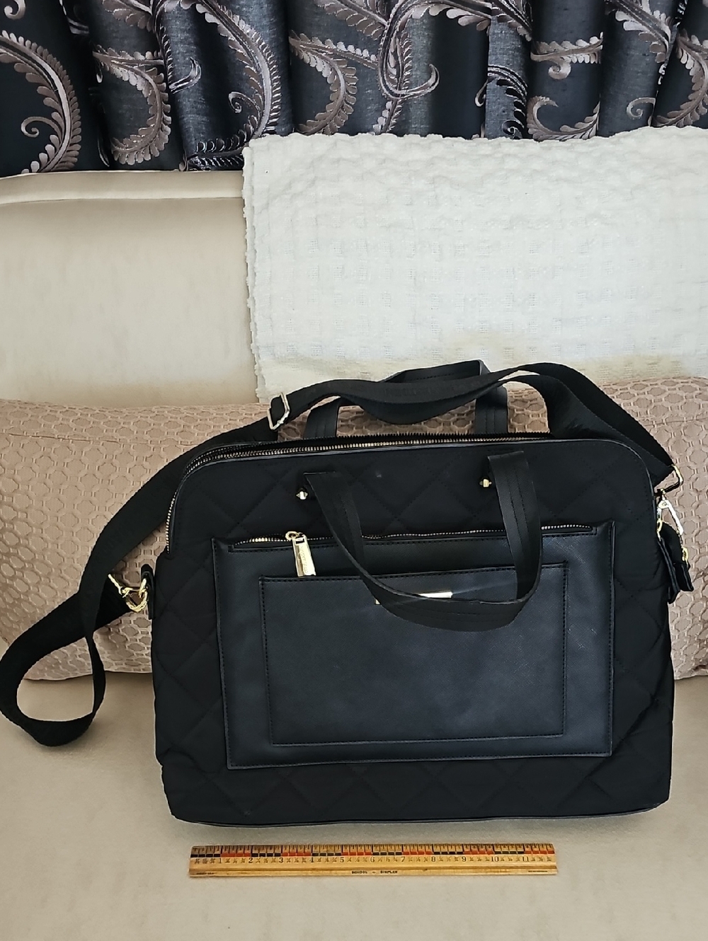 Quilted Black Travel Tote with Many Pockets